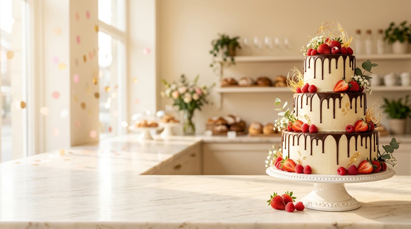 Artisanal layered celebration cake with chocolate drips and fresh berries